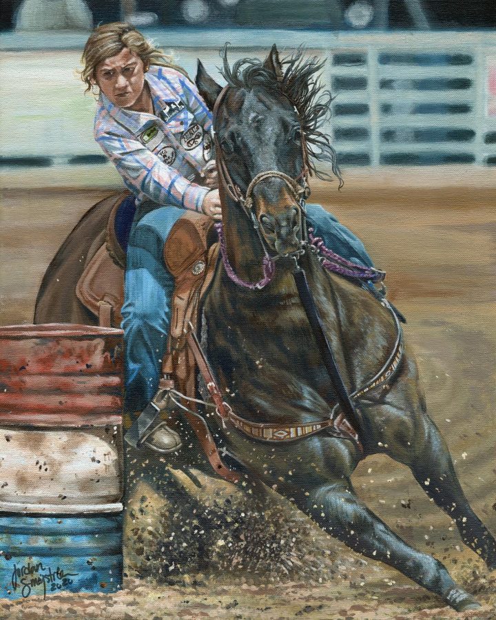 Barrel Racer, another of Jordan's pieces she created for a rodeo art contest. Done in acrylic paint, it won 5th place at the Austin rodeo.